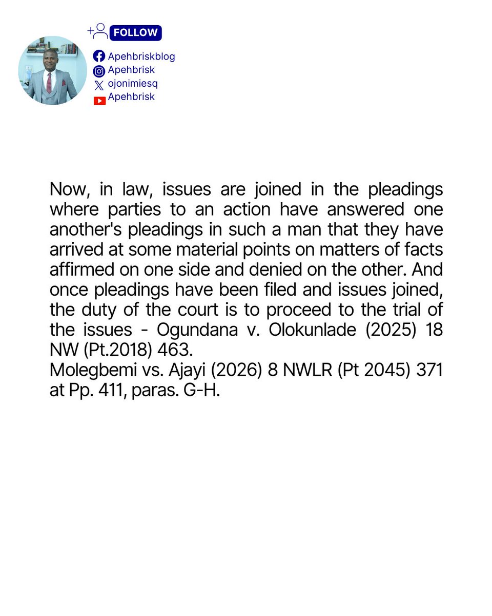 Apehbrisk's tweet photo. #ApehBrisk #NigerianLaw #LegalUpdate #LawInNigeria #Pleadings #IssuesJoined #CivilProcedure #Litigation #NigerianLawyers #LegalPractitioner #Courtroom #LegalTips #LitigationPractice #LegalPractice #LawyerNigeria #NigerianLegalSystem #Justice #OgundanaVOlokunlade #MolegbemiVAjayi https://t.co/3B7mr9JVT7