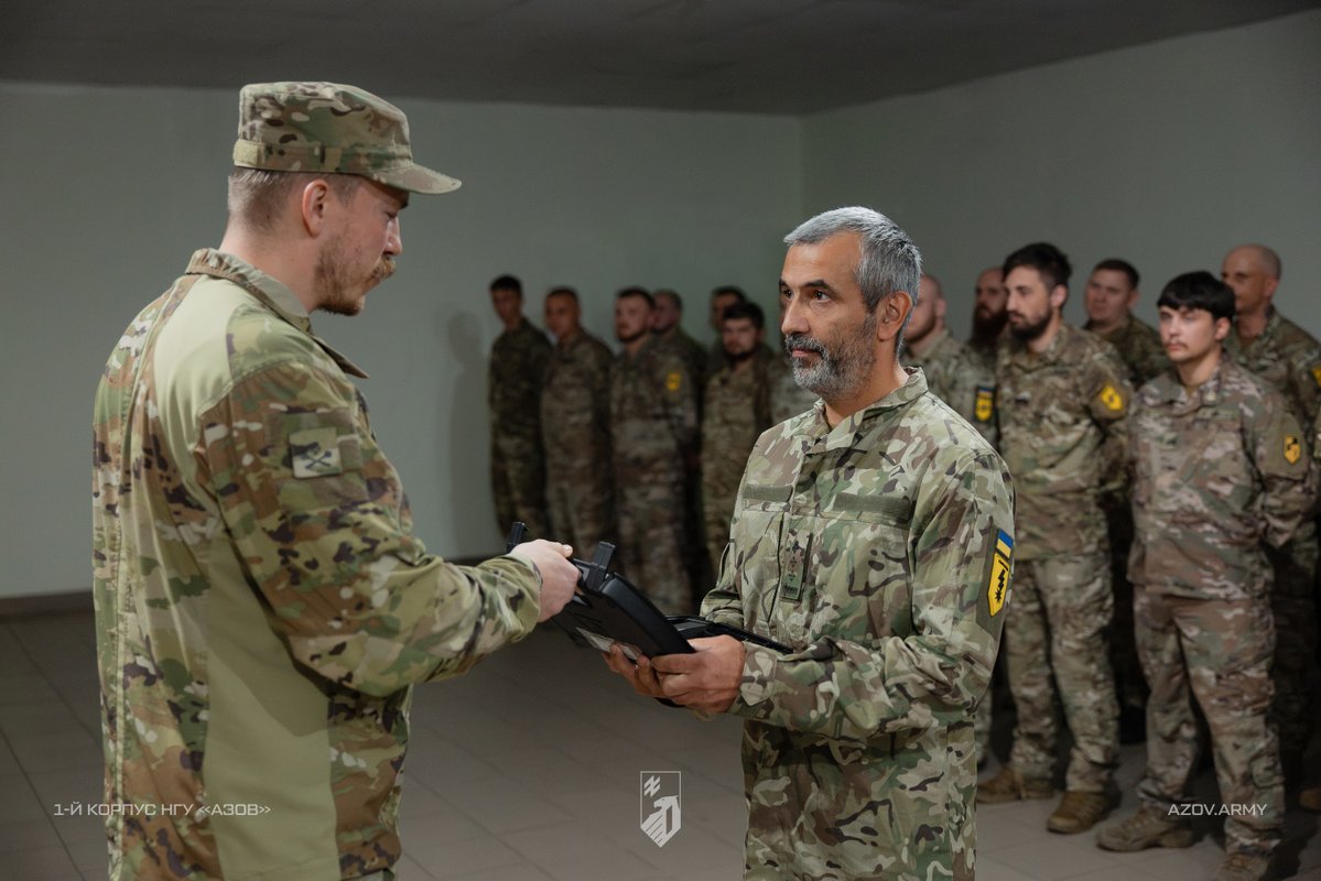 azov_media's tweet photo. Service members of the First Corps Azov of the National Guard of Ukraine honored with state awards and firearms 

Brigadier General Denys "Redis" Prokopenko, Commander of the Grouping of Forces Azov, and Colonel Mykyta "Raz-Dva" Nadtochii, Acting Commander of the First Corps Azov of the National Guard of Ukraine, presented awards and distinctions to fighters.

The fighters received the Order "For Courage," II and III classes, the Order of Danylo Halytskyi, and the medals "For Military Service to Ukraine" and "For Saving a Life." Ten service members were recognized with one of the most prestigious departmental awards — a firearm.

The command congratulated the fighters on the Day of Defenders of Ukraine and expressed confidence that, thanks to the personnel's skill and training, as well as the commanders' sound decisions, the enemy's offensive potential will be broken.