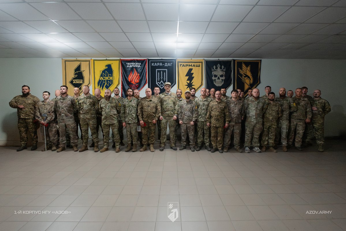 azov_media's tweet photo. Service members of the First Corps Azov of the National Guard of Ukraine honored with state awards and firearms 

Brigadier General Denys "Redis" Prokopenko, Commander of the Grouping of Forces Azov, and Colonel Mykyta "Raz-Dva" Nadtochii, Acting Commander of the First Corps Azov of the National Guard of Ukraine, presented awards and distinctions to fighters.

The fighters received the Order "For Courage," II and III classes, the Order of Danylo Halytskyi, and the medals "For Military Service to Ukraine" and "For Saving a Life." Ten service members were recognized with one of the most prestigious departmental awards — a firearm.

The command congratulated the fighters on the Day of Defenders of Ukraine and expressed confidence that, thanks to the personnel's skill and training, as well as the commanders' sound decisions, the enemy's offensive potential will be broken.