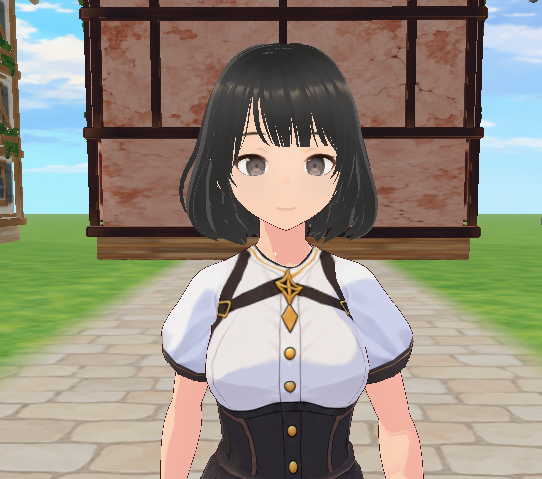 An anime-style 3D character with short black hair wears a white blouse with brown straps and buttons, standing in front of a wooden structure.