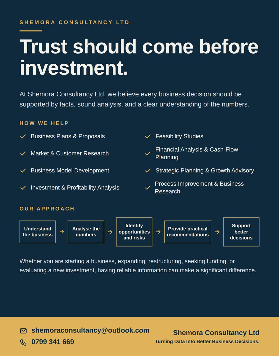 SHEM07993416's tweet photo. Trust should come before investment. 📊
Before you start, expand, or invest, make sure the numbers add up. At Shemora Consultancy Ltd, we help entrepreneurs and organisations make confident decisions backed by facts and sound analysis. https://t.co/ieZz1LY5MH