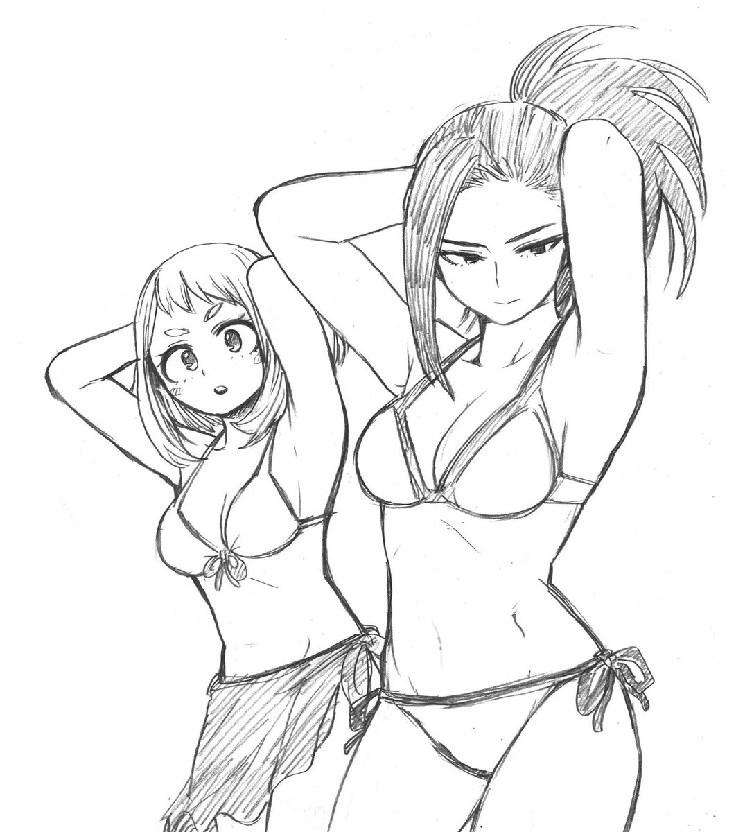 animcons_'s tweet photo. Se ve que a Horikoshi le encantaba hacer lucir bien a las estudiantes de UA. Lo mejor de Momo y Ochako en bikini… https://t.co/LgrcS0mMBi