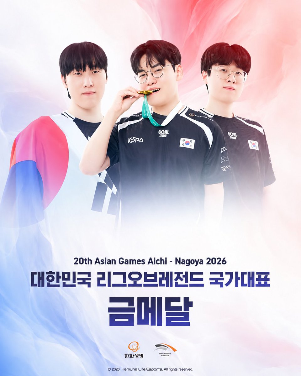 HLEofficial's tweet photo. 🥇2026 아이치·나고야 아시안게임 LoL 금메달🥇
제우스, 제카, 구마유시 선수가 '2026 아이치·나고야 아시안게임 리그 오브 레전드 부문' 금메달을 획득했습니다!

태극마크의 무게를 견디며 끝까지 싸워준 선수들,
정말 자랑스럽습니다 🇰🇷

고생한 선수들에게 축하의 한마디를 남겨주세요!
#HLE #한화생명e스포츠 #Zeus #Zeka #Gumayusi #아시안게임 #금메달 #LoL