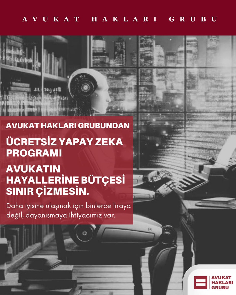 AvukatHG's tweet photo. AHG'DEN MESLEKTAŞLARINA🎁
YAPAY ZEKA DESTEKLİ AVUKAT YARDIMCISI:
AHG ASİSTAN✨️

"AVUKATIN KURDUĞU HAYALİN UFKUNU, BÜTÇESİNİN SINIRLARI ÇİZMESİN."

Ofis kirası, vergi, aidat, ulaşım… 
Daha emeğinin karşılığını alamadan ödemesi gereken onlarca gider. Bir yanda yetişecek dilekçeler, diğer yanda ay sonuna yetişecek hesaplar. 
Avukatın adalet için verdiği mücadeleye, bir de ayakta kalma mücadelesi ekleniyor.

Mesleğimizin geleceğini değiştiren teknolojiye erişim de yeni bir masraf kapısına dönüşüyor. Biz, meslektaşlarımızın bu imkândan yararlanmak için hangi ihtiyacından kısacağını düşünmesini istemiyoruz.

SİZLER İÇİN AHG Asistan’ı HAZIRLADIK❗️
Bütün meslektaşlarımıza ücretsiz sunduk.
Avukatın cebinde parası, hayatında zamanı kalsın; emeğiyle kurduğu hayatın ufkunu bütçesinin sınırları çizmesin diye.

2016’da birbirimize verdiğimiz söz, bugün başka bir biçimde hayat buluyor. Adliye koridorunda omuz omuza durduğumuz meslektaşımızın, şimdi çalışma masasında da yanındayız. 
Birbirimizin yükünü hafifleterek, emeğini büyüterek, geleceğine sahip çıkarak…

Avukatın emeği kıymetli.
Avukatın zamanı kıymetli.
Ona omuz vermenin ise bizce bir fiyatı yok.

AHG Asistan. Bütün meslektaşlarımıza ücretsiz, indirip kullanmaya başlayabilirsiniz:
https://t.co/3INMRVETKn

AHG Asistan’ı hazırlayan, bilgisini ve emeğini meslektaş dayanışmasına katan Av. Uygar Alptekin’e teşekkür ediyoruz.