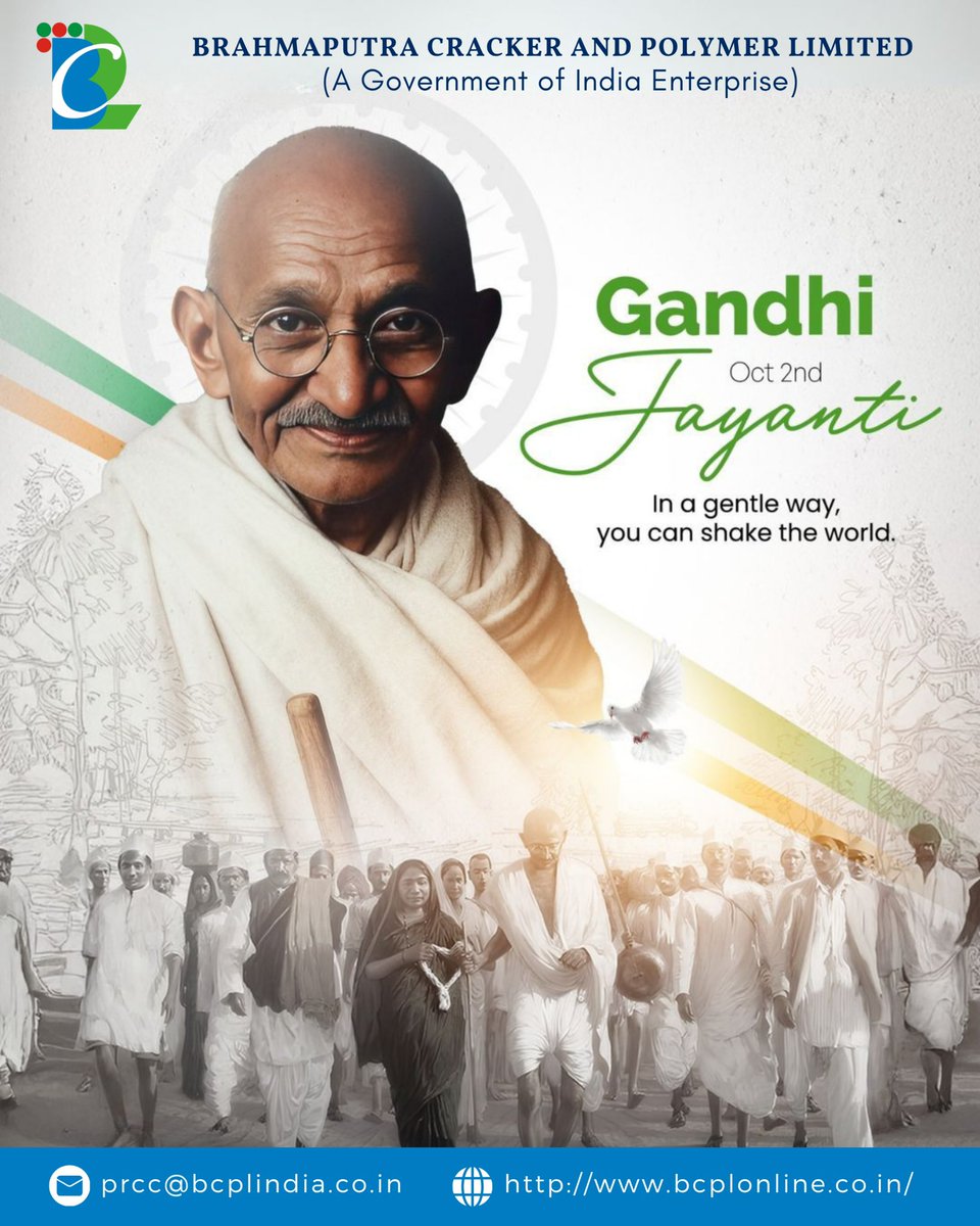 BCPLOfficial's tweet photo. On Gandhi Jayanti, BCPL pays tribute to Mahatma Gandhi and his timeless ideals of truth, non-violence, cleanliness and selfless service.May his vision continue to inspire us to build a cleaner, stronger and more harmonious nation.Happy Gandhi Jayanti
#GandhiJayanti#NationBuilding https://t.co/oYydxOPcTy