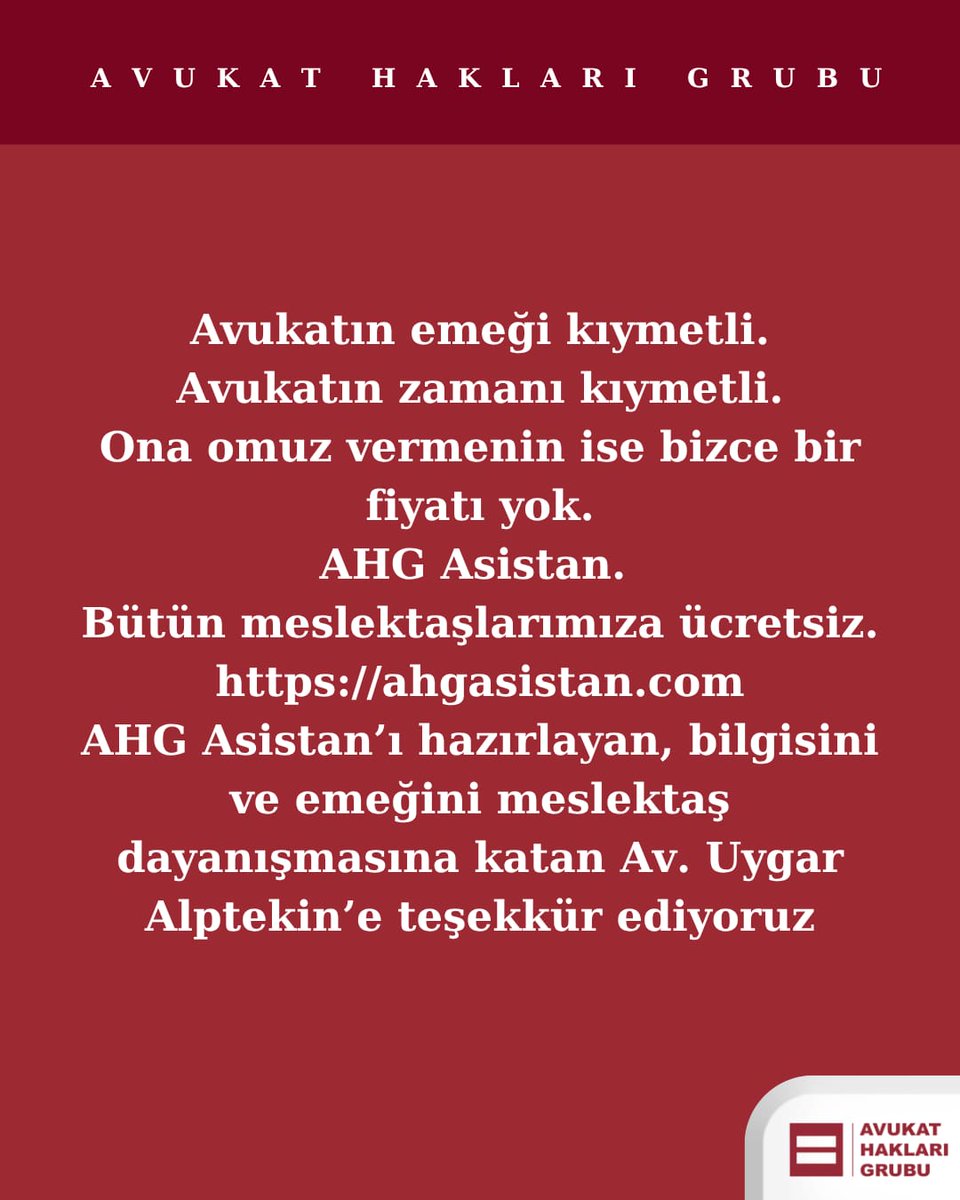 AvukatHG's tweet photo. AHG'DEN MESLEKTAŞLARINA🎁
YAPAY ZEKA DESTEKLİ AVUKAT YARDIMCISI:
AHG ASİSTAN✨️

"AVUKATIN KURDUĞU HAYALİN UFKUNU, BÜTÇESİNİN SINIRLARI ÇİZMESİN."

Ofis kirası, vergi, aidat, ulaşım… 
Daha emeğinin karşılığını alamadan ödemesi gereken onlarca gider. Bir yanda yetişecek dilekçeler, diğer yanda ay sonuna yetişecek hesaplar. 
Avukatın adalet için verdiği mücadeleye, bir de ayakta kalma mücadelesi ekleniyor.

Mesleğimizin geleceğini değiştiren teknolojiye erişim de yeni bir masraf kapısına dönüşüyor. Biz, meslektaşlarımızın bu imkândan yararlanmak için hangi ihtiyacından kısacağını düşünmesini istemiyoruz.

SİZLER İÇİN AHG Asistan’ı HAZIRLADIK❗️
Bütün meslektaşlarımıza ücretsiz sunduk.
Avukatın cebinde parası, hayatında zamanı kalsın; emeğiyle kurduğu hayatın ufkunu bütçesinin sınırları çizmesin diye.

2016’da birbirimize verdiğimiz söz, bugün başka bir biçimde hayat buluyor. Adliye koridorunda omuz omuza durduğumuz meslektaşımızın, şimdi çalışma masasında da yanındayız. 
Birbirimizin yükünü hafifleterek, emeğini büyüterek, geleceğine sahip çıkarak…

Avukatın emeği kıymetli.
Avukatın zamanı kıymetli.
Ona omuz vermenin ise bizce bir fiyatı yok.

AHG Asistan. Bütün meslektaşlarımıza ücretsiz, indirip kullanmaya başlayabilirsiniz:
https://t.co/3INMRVETKn

AHG Asistan’ı hazırlayan, bilgisini ve emeğini meslektaş dayanışmasına katan Av. Uygar Alptekin’e teşekkür ediyoruz.