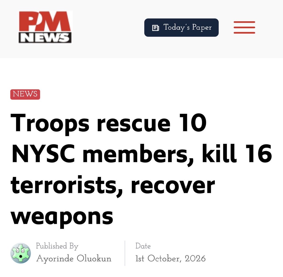 DeeOneAyekooto's tweet photo. Nigerian Army has listed rescue of 10 corps members, killing of 16 terrorists and recovery of weapons after repel of simultaneous attacks among the recent achievements of its troops in operations across the country..

This was revealed in an operational report made available on Thursday(Yesterday’s)evening.

The report indicated that troops of Operation UDO KA rescued the 10 prospective National Youth Service Corps (NYSC) members abducted in Imo.

According to the report, troops of 34 Artillery Brigade responded to a kidnap incident at Umonuwa village along the Onitsha-Owerri Road in Mbaise Local Government Area at about 6:30 a.m. on Thursday.