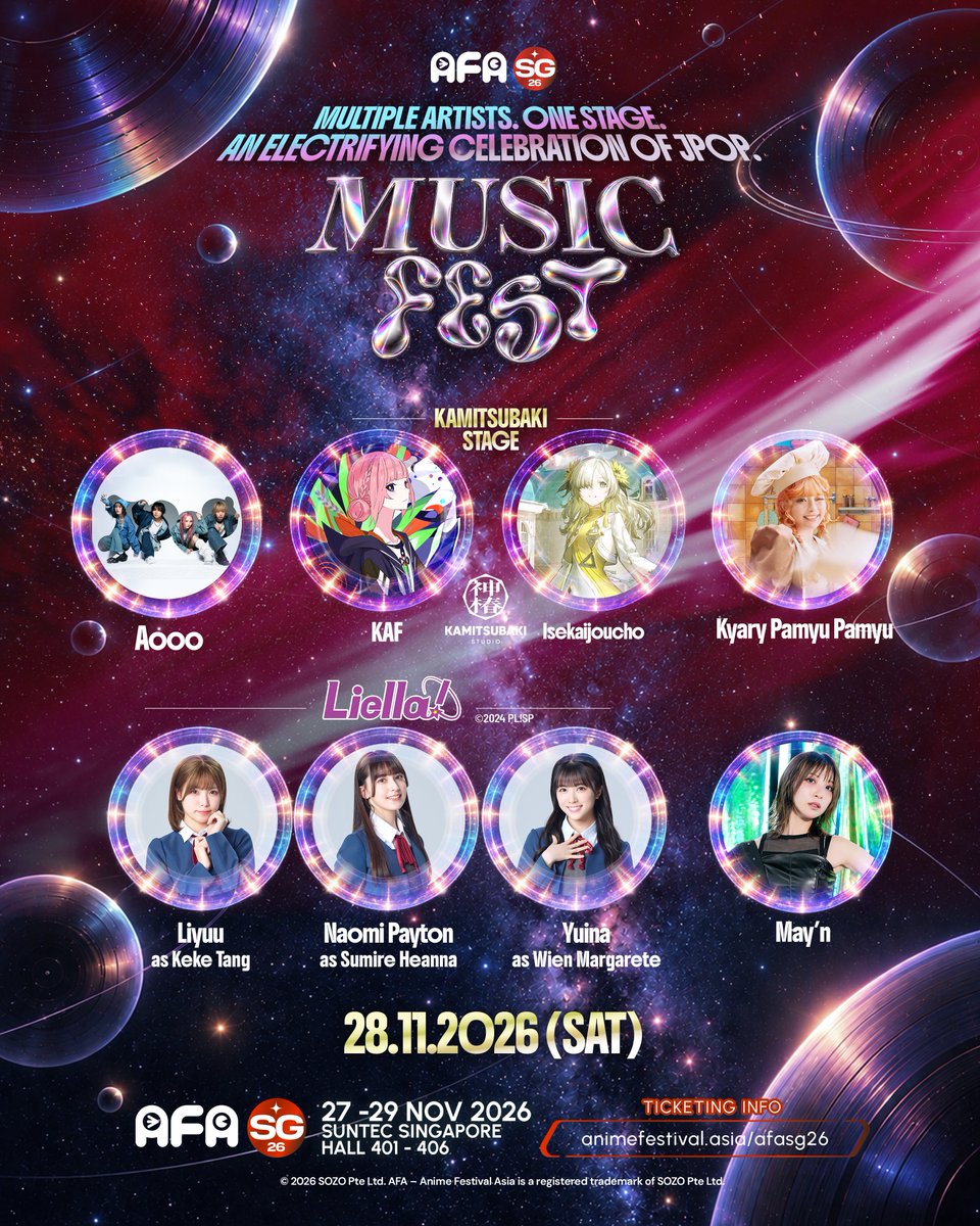animefestasia's tweet photo. #AFASG26 πΆ SATURDAY LINEUP IS HERE! π
AFA Music Fest β 28 Nov 2026:
πΈ Aooo
β€οΈ KAMITSUBAKI STAGE (KAF & Isekaijoucho)
π Kyary Pamyu Pamyu
β Liella!
π€ May'n
ποΈ https://t.co/9S7dqcfFUw
#AnimeFestivalAsia #AFAMusicFest https://t.co/4TTbdbUXPB