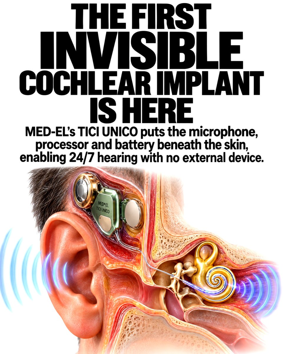 SciTechera's tweet photo. CYBORG ERA just started.

This is one of the most futuristic developments in hearing technology I’ve seen recently.

MED-EL just launched TICI UNICO, which it describes as the world’s first commercially available totally invisible cochlear implant.

And the crazy part?

The MICROPHONE is implanted under the skin.

Unlike conventional cochlear implants, there is no external audio processor to wear behind the ear.

TICI UNICO integrates the microphone, sound-processing electronics, rechargeable battery and other components beneath the skin.

It captures sound through the skin, converts it into electrical signals, and sends stimulation to the cochlea, allowing sound information to reach the brain through the auditory nerve.👀

The system weighs just 20 grams and can operate for up to 40 hours per charge.

Around 1 hour of charging can provide approximately a full day of hearing, and users can continue hearing while the device is charging.

Most importantly, the implant is designed to provide continuous access to sound, including while sleeping, exercising and participating in water-based activities.

This tech has already undergone clinical testing.

we’re entering the cyborg era, where technology disappears into the body and becomes part of us.

Detailed information:
https://t.co/EHNPOfIPHZ