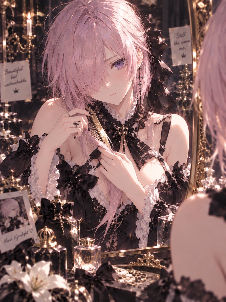 Kkhookyou's tweet photo. Beautiful, but untouchable. 🖤  
Mash Kyrielight, in black lace and candlelight.
AI-generated ✦ #FateGO #FGO #マシュ #AIart https://t.co/qO3NwwQGBS