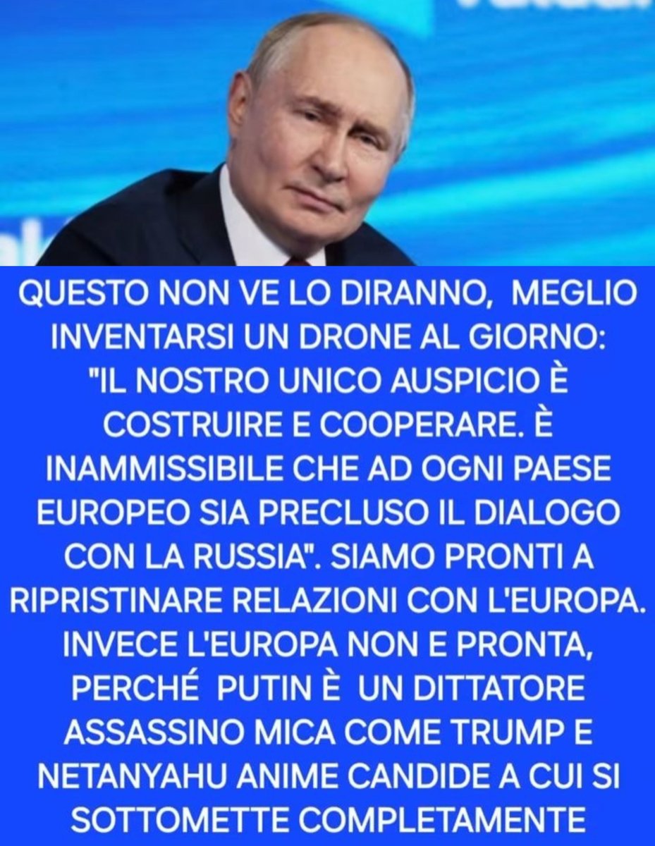 itsmeback_'s tweet photo. Oggi giornata difficile per i pennivendoli e per i guerrafondai. Ieri Putin, al Forum di Valdai, ha detto una cosa importantissima, che ovviamente non trova lo spazio che merita sulla stampa di regime. Leggete qui:

"Il nostro unico auspicio è costruire e cooperare. Non poniamo alcun prerequisito per la ripresa e il ripristino delle relazioni con l'Europa nel suo complesso.

È inammissibile che a un singolo Paese europeo sia precluso di strutturare un dialogo con la Russia. Si tratta di un diktat persino superiore a quello vigente ai tempi dell'Unione Sovietica."

Queste sono dichiarazioni importantissime, di apertura. Significa che la Russia, nonostante tutto, non chiude al dialogo con quei guerrafondai e russofobi dell'Unione Europea. Ancora più importante è il tempismo, visto che qui sono in piena isteria per attacchi, invasioni e guerre ibride di Mosca.

Se avessimo dei governanti seri, oggi, prenderebbero alla lettera queste parole e cercherebbero di aprire uno spazio diplomatico. Invece abbiamo dei sottosviluppati. Noi, dalle relazioni con la Russia, avremmo solo benefici. Le famiglie italiane e le aziende, dalla cooperazione con la Russia, avrebbero solo benefici.

Ancora convinti che a volere la guerra a oltranza sia la Russia, che in questo momento è l'unica a parlare di ripresa della diplomazia? Aprite gli occhi! 

- Giuseppe Salamone