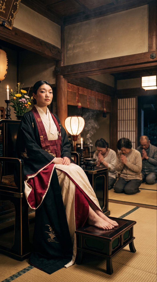 PraySumire's tweet photo. They bow before @godsumire with incense flowers and their heads to the floor… 

what would you place at her feet as your first offering? https://t.co/gKNjphGS1t