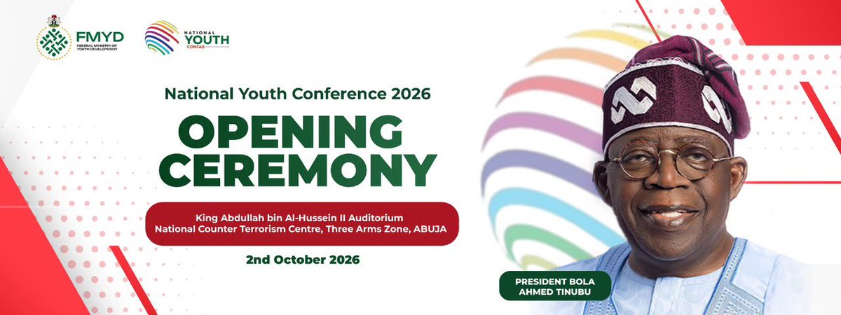 Youthconfab2026's tweet photo. NATIONAL YOUTH CONFERENCE 2026

Today, Friday, 2 October 2026, the National Youth Conference takes centre stage as young Nigerians from across the six geopolitical zones converge to exchange ideas and engage on the future of our nation.

Date: Friday, 2 October 2026

Time: 11:00 AM – 12:20 PM

Venue: NCTC, Three arms zone, Abuja

Virtual: Zoom Webinar

📺 Live: YouTube, Instagram & X

Be part of the conversation. The future is ours to shape🇳🇬

Register >> https://t.co/eC6qzNSQZi

#NationalYouthConfab