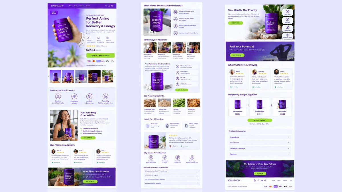 figin52639's tweet photo. Took a supplement landing page from basic product display to a conversion-focused experience. Clear product benefits, ingredient education, customer reviews,trust signals,bundles,FAQs,and stronger CTAs  all designed to increase AOV and reduce buying friction. #Shopify #ecommerce https://t.co/rYYXOq6spv