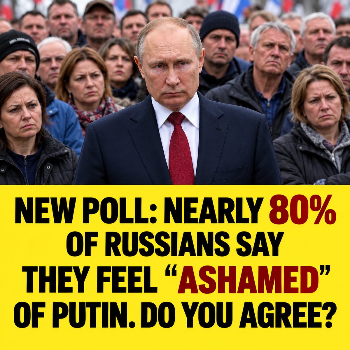 RussianForce_'s tweet photo. New Poll - Nearly 80% of Russians say they feel ashamed of President Putin.

Do you agree with this view ? https://t.co/jlk0zN9X96