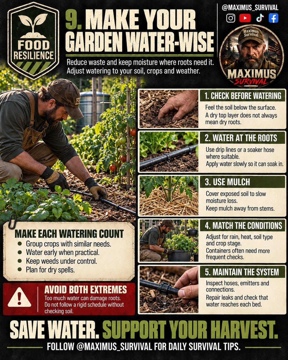 Maximus_Survive's tweet photo. 9️⃣ MAKE YOUR GARDEN WATER-WISE

Make every watering count.

#FoodResilience #WaterWiseGardening #Prepper #Preparedness #DripIrrigation #WaterConservation #Gardening #Homesteading #SelfReliance #MaximusSurvival https://t.co/6490stuPnp