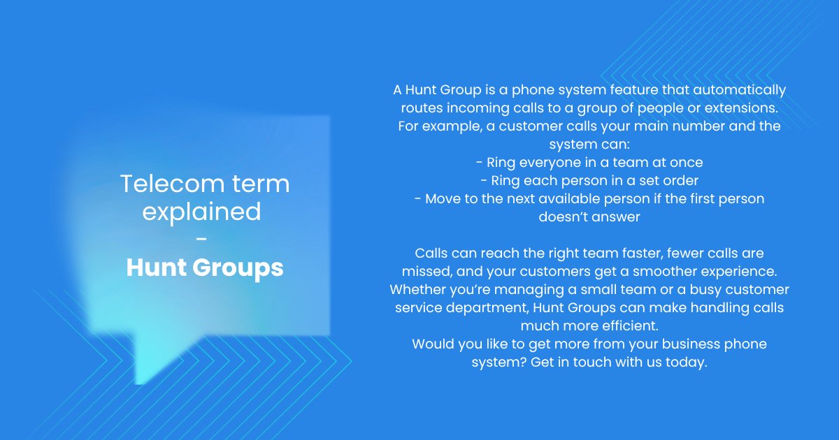 TouchBlueTel's tweet photo. 📞 What is a Hunt Group?

A Hunt Group automatically routes incoming calls to the right team member—whether that means ringing everyone at once, following a set order, or moving to the next available person.

#TouchBlueVoiceAndData #HuntGroups #BusinessCommunications https://t.co/IZUI7PzMMG