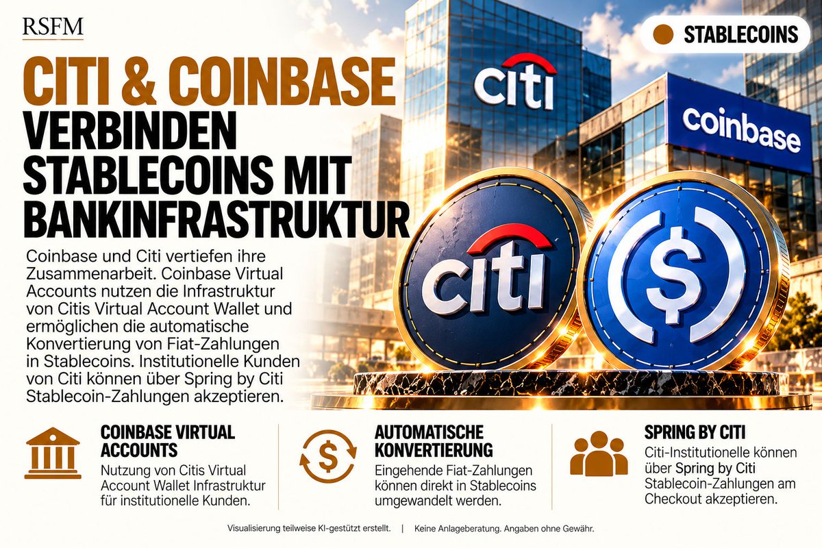 RSFM_Official's tweet photo. ◉ CITI & COINBASE VERBINDEN STABLECOINS DIREKT MIT DER BANKINFRASTRUKTUR

Stablecoins rücken einen weiteren Schritt näher an den traditionellen Zahlungsverkehr.

Citi und Coinbase vertiefen ihre Zusammenarbeit und verbinden regulierte Bankinfrastruktur mit Stablecoin-Zahlungen.

Dabei entstehen zwei entscheidende Verbindungen:

→ Coinbase Virtual Accounts werden durch Citis Virtual Account Wallet unterstützt.

→ Eingehende Fiat-Zahlungen können automatisch in Stablecoins umgewandelt werden.

→ Institutionelle Citi-Kunden können über Spring by Citi Stablecoin-Zahlungen am Checkout akzeptieren.

→ Händler müssen die Stablecoins dabei nicht einmal selbst halten oder verwalten.

Coinbase übernimmt die digitale Zahlungsinfrastruktur und konvertiert die Stablecoins automatisch in Fiat.

Citi übernimmt anschließend das Settlement als Bank of Record.

Genau dieser letzte Punkt ist für uns besonders wichtig.

Stablecoins werden hier nicht als Parallelwelt zum bestehenden Finanzsystem aufgebaut.

Sie werden direkt IN die bestehende Bank- und Zahlungsinfrastruktur integriert.

Und die Dimension dahinter ist enorm:

Citi ist in mehr als 180 Ländern und Jurisdiktionen aktiv.

Coinbase spricht gleichzeitig von einem Markt mit mehr als 150 Millionen Stablecoin-Haltern weltweit.

Damit entsteht eine Infrastruktur, über die Unternehmen traditionelle Bankkonten, Fiat und Stablecoins zunehmend innerhalb eines zusammenhängenden Zahlungssystems nutzen können.

Die Einführung startet zunächst in den USA. Weitere Funktionen sollen in den kommenden Monaten folgen.

Für uns zeigt diese Entwicklung sehr deutlich, wohin sich der Markt bewegt:

Stablecoins entwickeln sich von einem Krypto-Produkt zu einer neuen Abwicklungsschicht für den globalen Zahlungsverkehr.

Und genau dort beginnt die wirklich große Adoption.

#Stablecoins #Coinbase #Payments