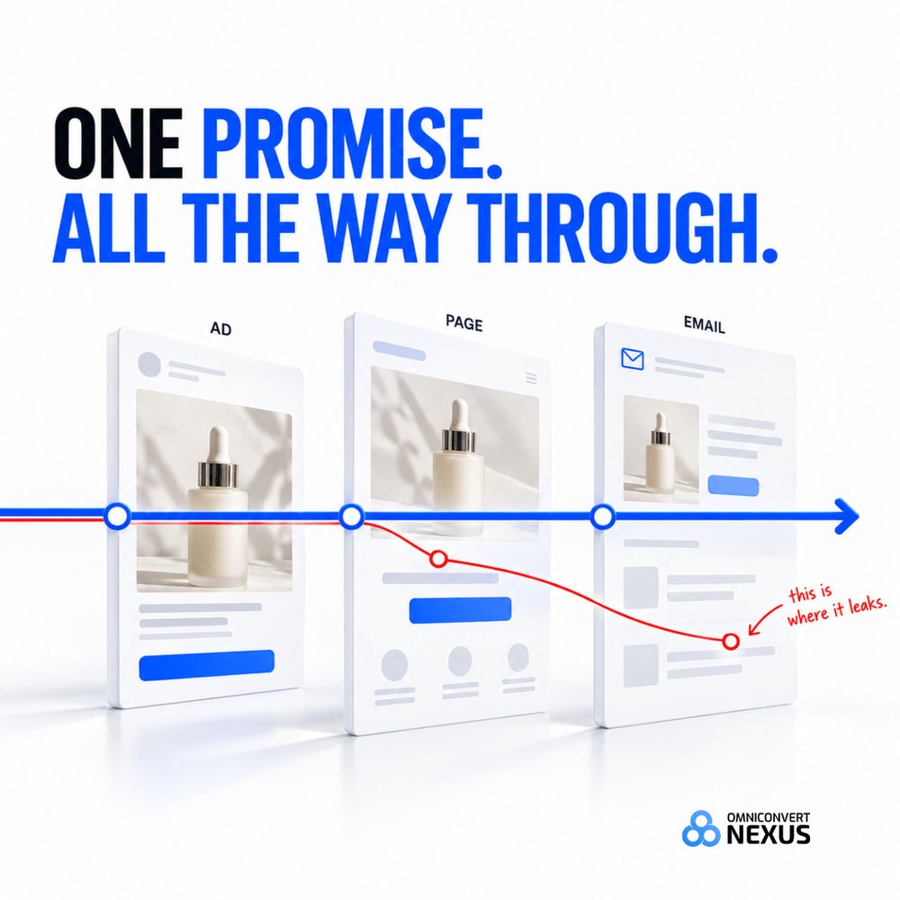 Omniconvert's tweet photo. A lot of campaign leakage starts when the message changes mid-journey.

The ad sells speed. The landing page sells features. The email sells a discount.

Pick one core promise and carry it through the full path. https://t.co/QjFE3a7Ob0