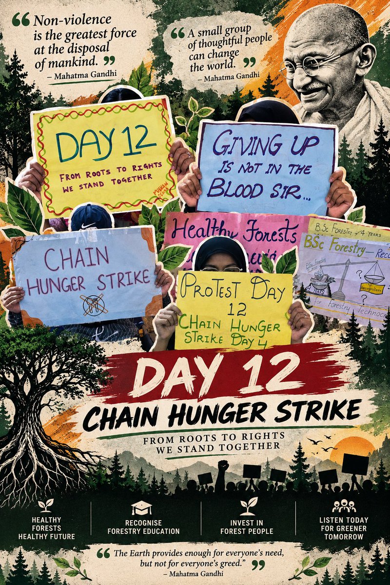 musaib_alum's tweet photo. Day 12 of our peaceful chain hunger strike. Inspired by Gandhiji’s non-violence, we stand united for forestry rights, recognition and justice.

From Roots to Rights, We Stand Together.

#Day12 #ForestryStudents #GandhiJayanti #JusticeForForestry https://t.co/G5VOiegSwC