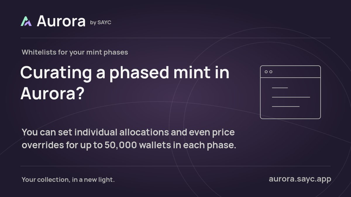 AuroraBySAYC's tweet photo. Curating a phased mint in Aurora? You can set individual allocations and even price overrides for up to 50,000 wallets in each phase. https://t.co/Swtj0yaiRA