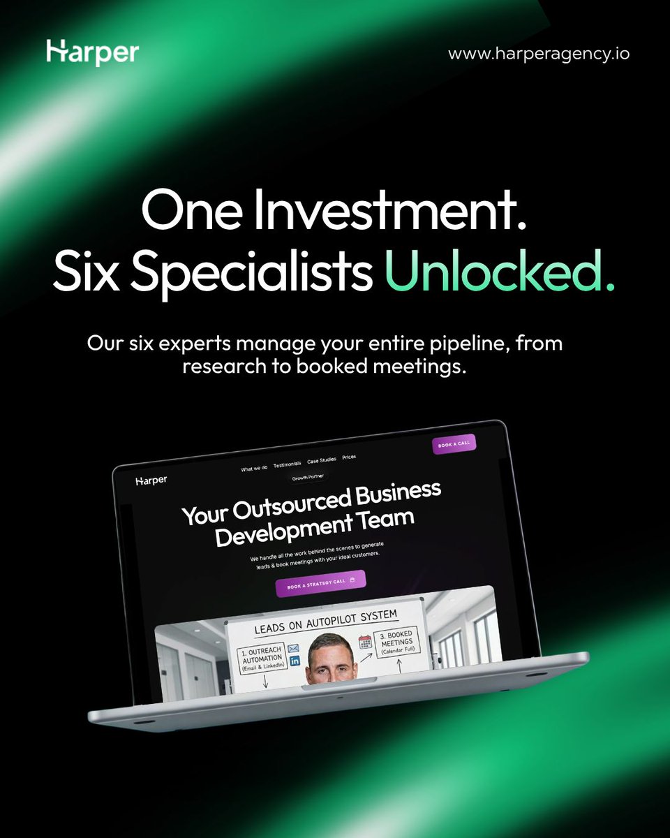 Harperagencyio's tweet photo. One investment, six specialists, list building, copywriting, deliverability, LinkedIn outreach, inbox management, and account management. All from day one. 

Work with us 🔗 https://t.co/NlcyTflVdt

#sales #marketing #marketingagency #leadgen #outreach #salestips #businesstips https://t.co/IEnPCKrTWO