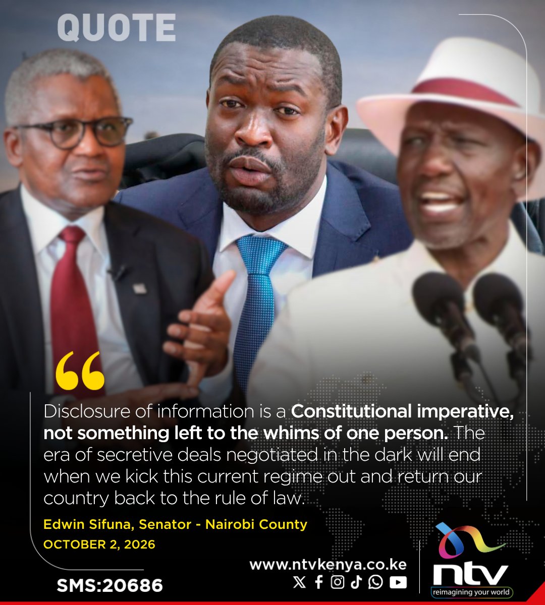 ntvkenya's tweet photo. Sifuna on Dangote refinery deal: Disclosure of information is a Constitutional imperative,  not something left to the whims of one person. The era of secretive deals negotiated in the dark will end when we kick this current regime out and return our country back to the rule of law.