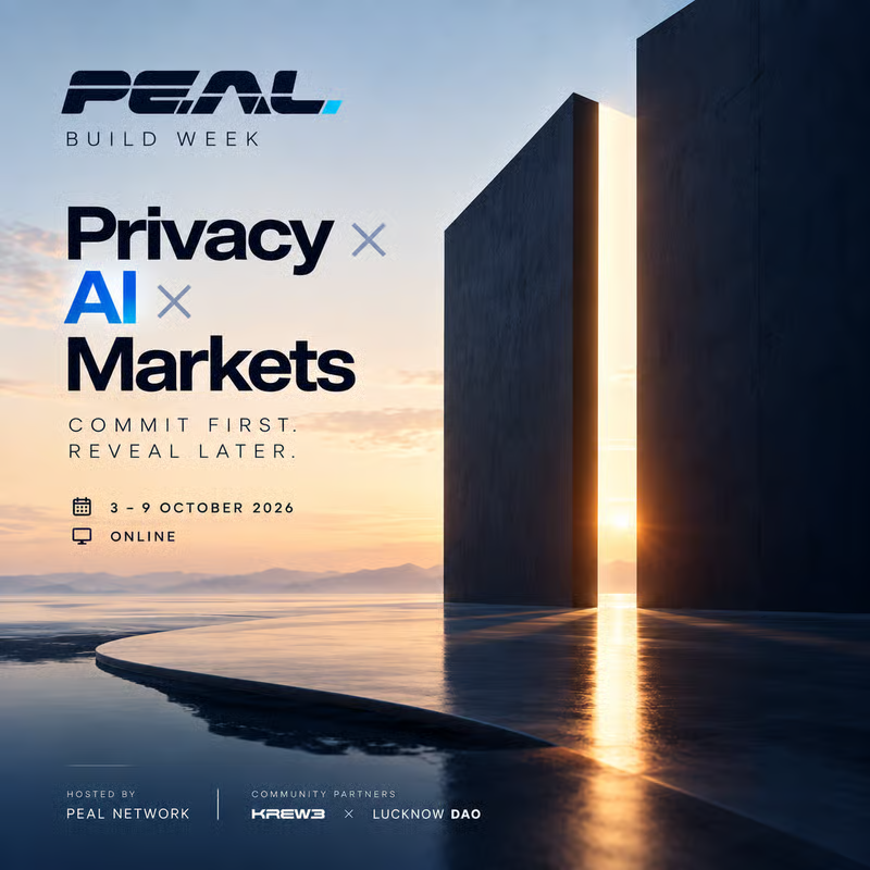 Lucknow_DAO's tweet photo. Peal Build Week starts tomorrow 🚀

Privacy × AI × Markets
🗓 Oct 3–9 · Online

Build with sealed bids, votes, predictions and agent actions, revealed only when everyone has committed.

→ Solo or teams of up to 4
→ No Peal experience needed
→ Rewards are sealed until Demo Day 🔒

With @PealNetwork × @Krew3

Register below 👇 
https://t.co/kCwMu64TTP