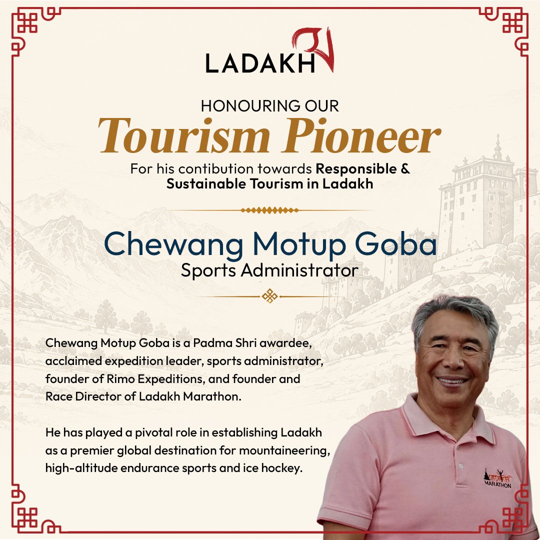 Ladakh_Updates's tweet photo. Ladakh Tourism proudly honours Chewang Motup Goba, a Padma Shri awardee, acclaimed expedition leader, sports administrator, and a pioneering force behind Ladakh’s adventure and endurance sports landscape. https://t.co/ICEaV8pAdl