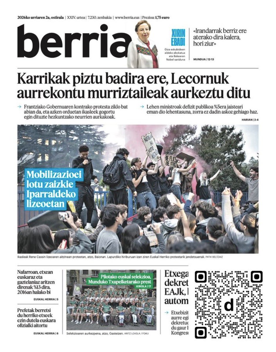 Koldobika's tweet photo. Egun on! Buenos dias.
Portada de los diarios Berria y Gara de hoy viernes 2 de octubre.
#PalestinaAskatu 🇵🇸 https://t.co/sTELEExf0r