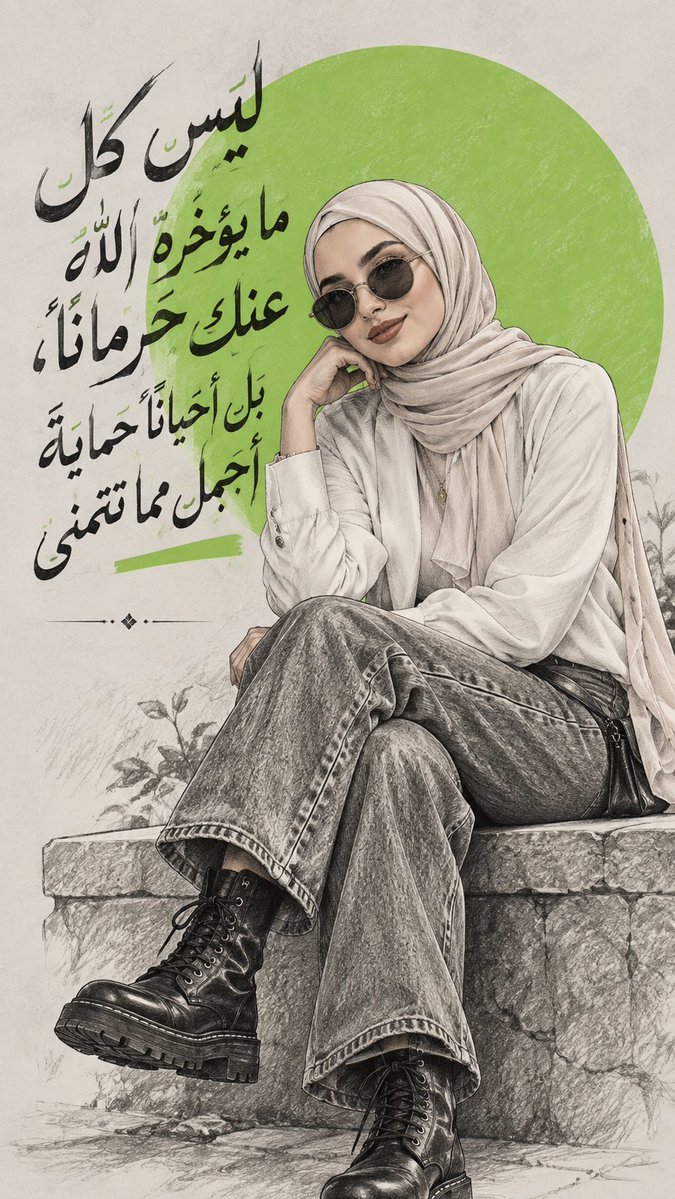 MishariMB's tweet photo. تبون چذي ؟؟
- حطوا صوركم بـChatGPT
- حطوا هالـPrompt + غيروا اللون بين الأقواس:  

رسمة رقمية عالية الدقة للصوره المرفوعه تجلس/ يجلس برشاقة على حافة حجرية، واضع اليد قرب الذقن والساقين متقاطعتان (ان كانت الصوره المرفوعه لرجل يجب ان يجلس عادي وساق واحده مرفوعه فقط) . يرتدي نظارة شمسية دائرية مستوحاة من الطراز القديم، 
- اذا كانت الصوره المرفوعه لامرأه غير محجبه او رجل : فهم يرتدون وبلوزة بيضاء بأكمام مطوية، وبنطال جينز، وحذاءً عسكريًا متينًا برباط. 
- اذا كانت الصوره لامرأه محجبه: فهي ترتدي وبلوزة بيضاء بأكمام غير مطويه، وبنطال جينز، وحذاءً عسكريًا متينًا برباط.
رُسمت الشخصية بأسلوب رسم تخطيطي بقلم رصاص أحادي اللون باهت، مع تظليل متقاطع ناعم ولمسات من الفحم.

في الخلفية، تُشكّل دائرة (اخضر فاتح) كبيرة نابضة بالحياة تباينًا هندسيًا جريئًا مع خلفية رمادية فاتحة نقية. يتميز التصميم العام بالبساطة، وهو تصميم تحريري، ويُظهر جمالية "مجلة مستقلة" أنيقة بخطوط حادة وتظليل ناعم.
ضيف امام الصوره نص بخط يلائم الصوره والشخصيه: حكمة عربيه جميله ومفيده

نسبة العرض إلى الارتفاع 9:16