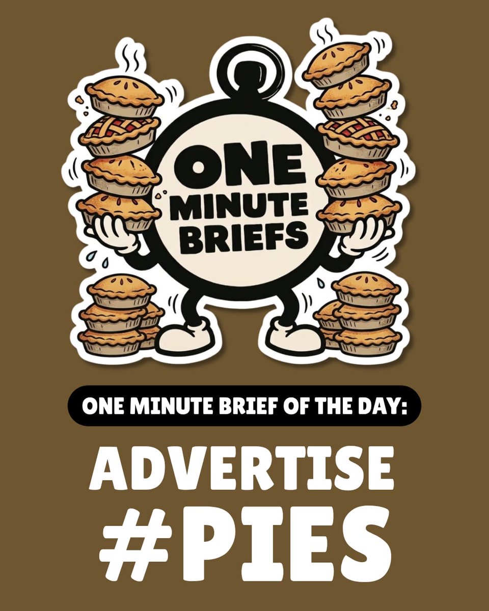 OneMinuteBriefs's tweet photo. One Minute Brief of the Day - 02/10/26
Create posters to advertise #PIES 🥧 

💡 Enter today’s brief on X and/or LinkedIn to feature on our daily Facebook Round-Up.

📲 You can also share submissions on Insta via posts & stories.

* Notes/Scribbles/Designs all welcome. 
* Enter as many times as you like.
* Remember to add your name/handle in the top-left corner. 

🔄 Likes/Reposts appreciated. Sharing is caring. 

⏱️ Deadline 6pm BST

The daily creative competition for quick-thinkers, advertising creatives, copywriters, graphic designers and marketing enthusiasts…

Everyone’s welcome. 👋