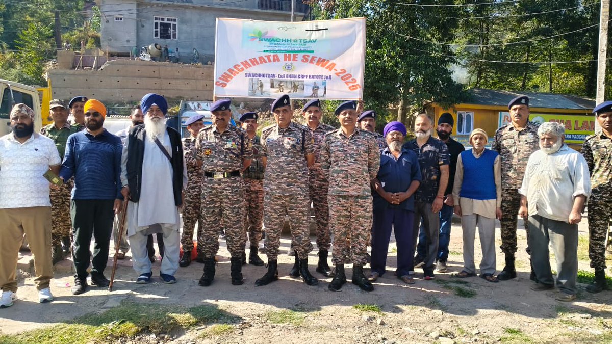 84BNCRPF's tweet photo. The programme featured a Mega Cleanliness Drive, “Ek Ped Maa Ke Naam” plantation drive, Prabhat Pheri, and felicitation of Safai Mitras in recognition of their contribution towards cleanliness at Gurudwara, Batote, Ramban on 02 Oct 26.#SwachhBharatDiwas #SwachhataHiSeva #SHS2026 https://t.co/NJInreapy9