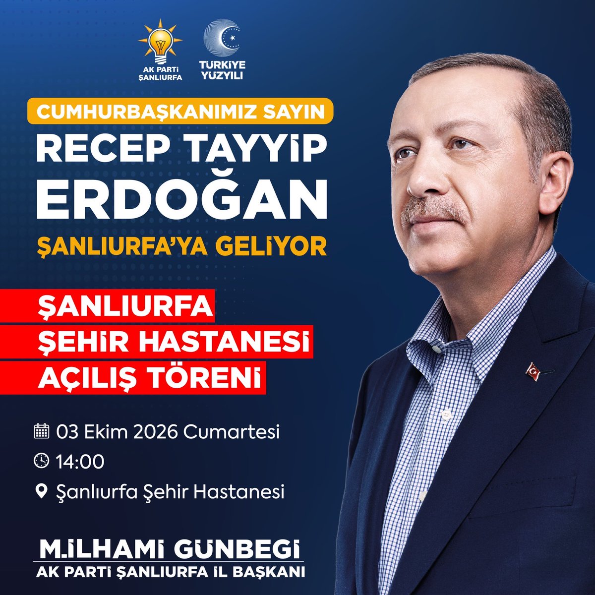 mbagmanci63's tweet photo. Büyük Buluşmaya, Dev Eserin Açılışına Hazırız Şanlıurfa! 🇹🇷

Cumhurbaşkanımız Sn. Recep Tayyip Erdoğan, şehrimize teşrif ediyor. Türkiye Yüzyılı vizyonumuzun en güzel örneklerinden biri olan Şanlıurfa Şehir Hastanesi Açılış Törenimize tüm hemşehrilerimiz davetlidir. Liderimizi büyük bir coşkuyla karşılayacağız!  

🗓 03 Ekim 2026 Cumartesi (Yarın)
⏰ 14:00
📍 Şanlıurfa Şehir Hastanesi  

#MustafaBağmancı #Haliliye #Şanlıurfa #TürkiyeYüzyılı #AKParti

@RTErdogan @abuyukgumus @bybekirbozdag @acarfaruka @AKGMTeskilat @hakanaksu058 @farukaytek @ensartopcu @milhamigunbegi @fatmaocak0663 @MDOGANSALAR_TR @AkHaliliiye @AkHaliliyeKadin @akgenchaliliyee