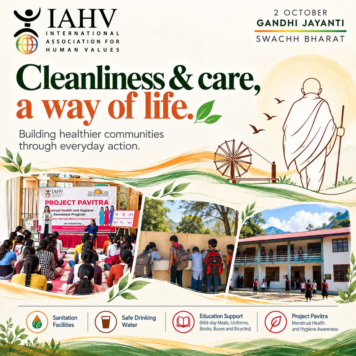 IAHVOfficial's tweet photo. This #GandhiJayanti, we honour the spirit of #SwachhBharat through action. ЁЯЗоЁЯЗ│
From sanitation and safe drinking water to education support and #ProjectPavitra, IAHV is working towards healthier, more dignified communities.
Cleanliness and care, a way of life.
#IAHV https://t.co/5TKcdwrSyz