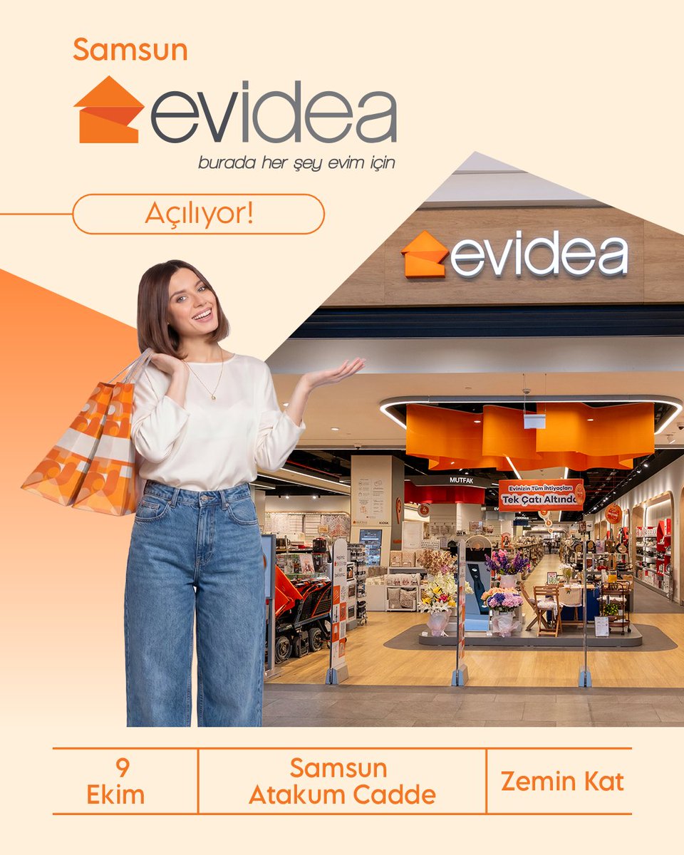 EvideaCom's tweet photo. 📣 Evidea Samsun Atakum Cadde mağazamız 9 Ekim’de açılıyor! 🎉

Yeni mağazamızda evinizin her alanı için pek çok ürünü yakından inceleyebilir, farklı kategorilerdeki seçenekleri keşfedebilirsiniz. 🏡

9 Ekim'de açılış heyecanını birlikte yaşamak için Samsun Atakum Cadde mağazamızda buluşalım. 🧡