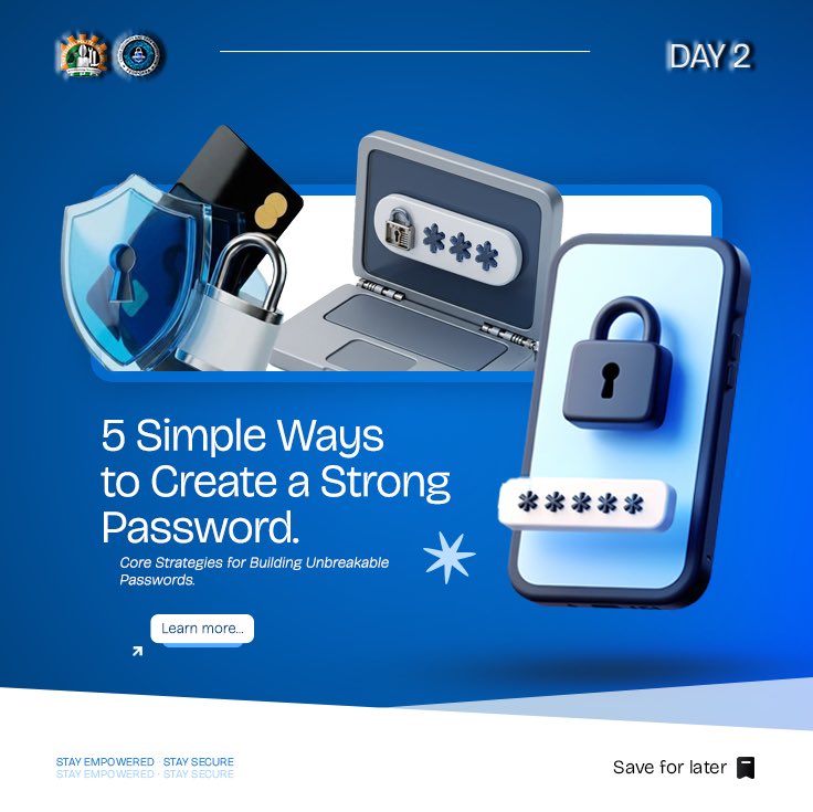 Fpocyber_aware's tweet photo. Day 2/30
Strong password, stronger protection. 🛡️
Make your password hard to guess and easy for you to remember.
Stay secure. 🔐
#CybersecurityAwareness #StaySecure #FPOCybersecurity #offa https://t.co/IzcIQJnzBB
