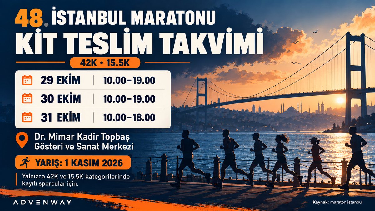 Advenwaymag's tweet photo. İstanbul Maratonu’na hazırlananlar, kit teslimini de takvime ekleyin 🏃📅

📦 42K ve 15.5K kitleri: 29–31 Ekim
📍 Dr. Mimar Kadir Topbaş Gösteri ve Sanat Merkezi
Saatler görselde 👇 Yarış 1 Kasım!

#İstanbulMaratonu #Koşu https://t.co/ShawDLGIvL