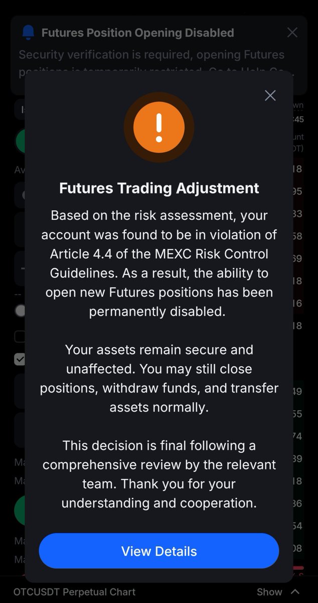 Valentium_Labs's tweet photo. MEXC just suspended my futures trading account. I've gotten ne through the Article 4.4 and I don't believe I broke any of their compliance rule.

Has anyone experienced this before and was your account later retrieved? https://t.co/BeeR4LQqu9