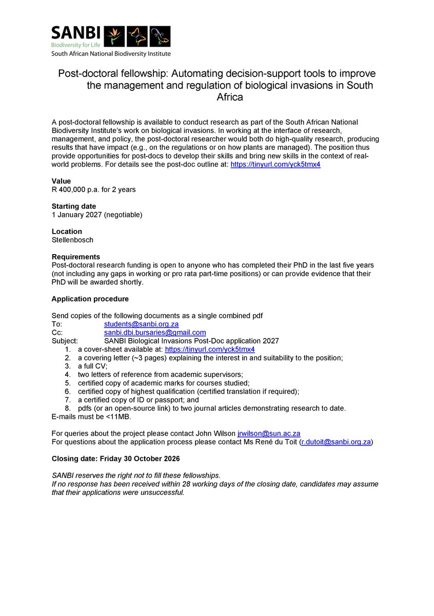 InvasionScience's tweet photo. 📣  A two-year SANBI funded post-doc on the automation of decision-support tools to improve the management and regulation of biological invasions.

Closing date for applications: 30 October 2026

For more information, visit: https://t.co/VocvX1nZSz https://t.co/aGEAeH2psM
