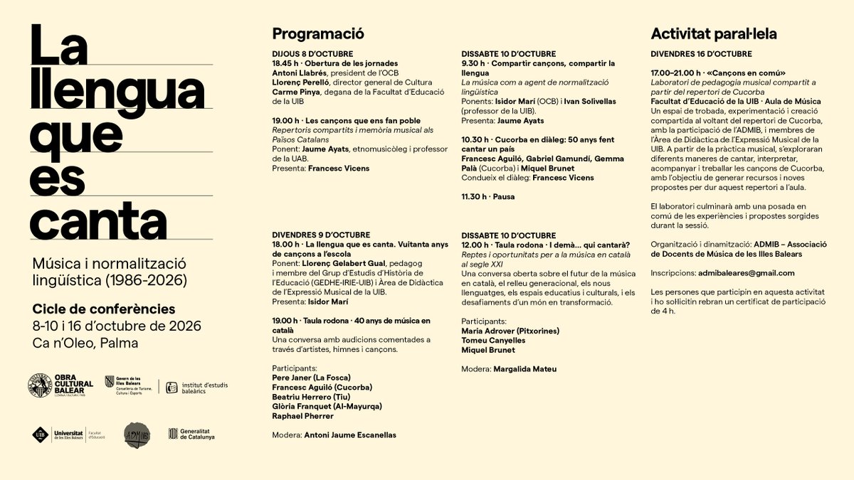 ocbcat's tweet photo. 🎶 Així serà «La llengua que es canta»!

Del 8 al 10 d’octubre, reunirem a Ca n'Oleo especialistes, docents, músics i periodistes per reflexionar sobre el paper de la música en la transmissió de la llengua i la cultura. 

Tres jornades de conferències, audicions comentades i taules rodones per parlar de música, llengua, educació i memòria col·lectiva.

📍 Ca n’Oleo · Palma
📅 8, 9 i 10 d’octubre
✍️ Sense inscripció prèvia.