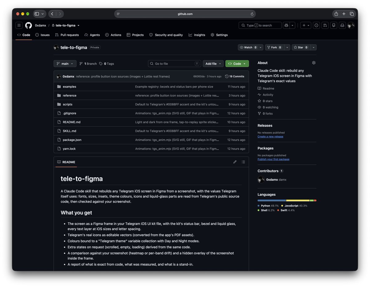 0xdamx's tweet photo. built a skill that turns any @telegram iOS screenshot into a fully editable Figma screen. every size, colour, font and icon is pulled straight from Telegram's source code. https://t.co/AvplKFpALz