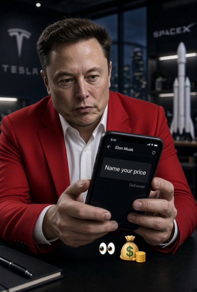EMvx46's tweet photo. 🚨 ELON MUSK SENDS YOU A MESSAGE WITH JUST 3 WORDS:

“Name your price.” 👀💰

You can ask for ONE thing:

🏠 A — Your dream home
🌍 B — A life of total freedom
🚀 C — A chance to explore space
❤️ D — Something priceless for your family

What’s your answer? 👇🔥 https://t.co/oTLsQXA8ay