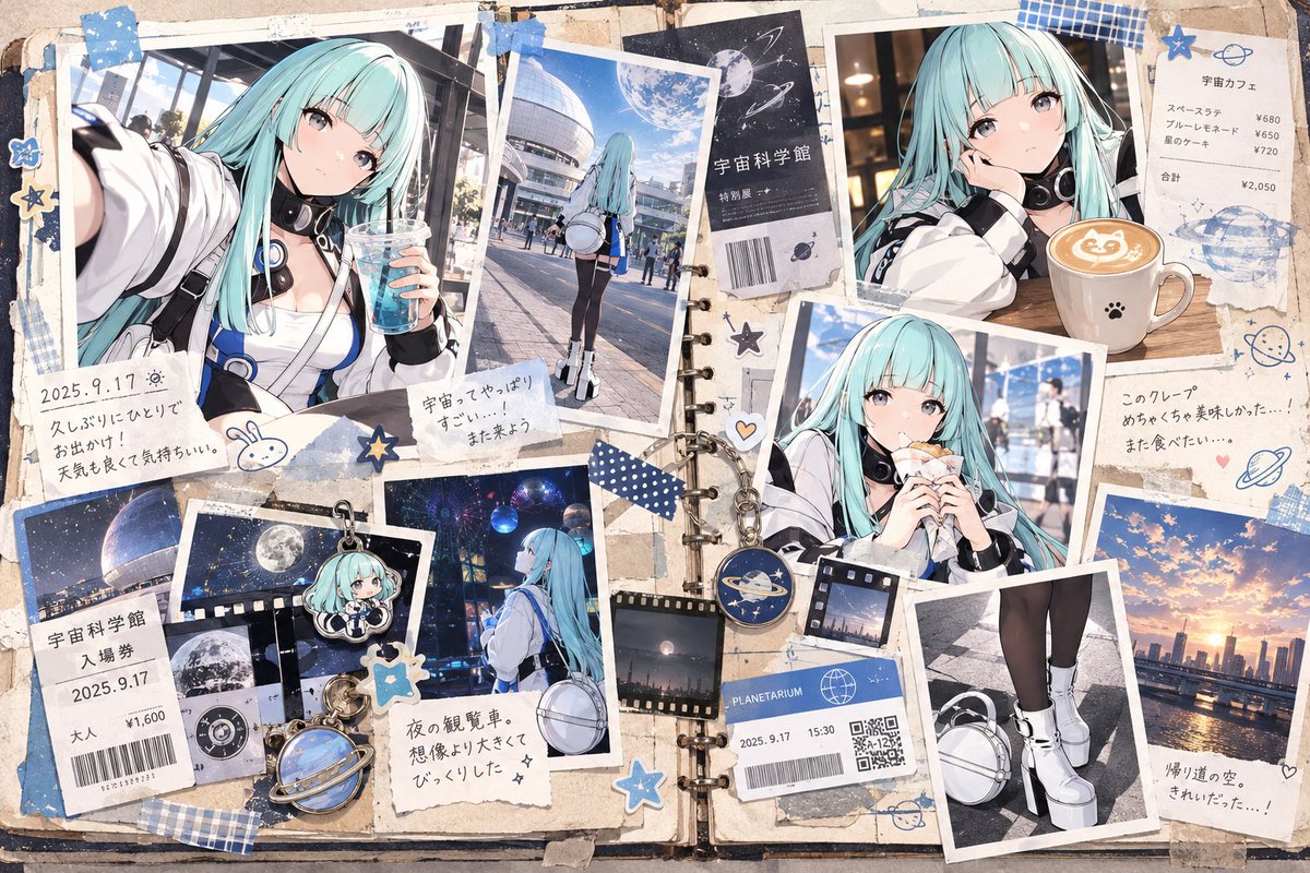 notoro_ai's tweet photo. ChatGPTで、キャラクター専用の思い出スクラップを作れる  
「RANDOM SCRAPBOOK MEMORY」  
のプロンプトを作成しました。

参照画像の人物・キャラクターらしさや画風をできるだけ維持しながら、  
日常のスナップ写真、切符、チケット、レシート、手書きメモ、シールなどを組み合わせて、  
「このキャラクターが本当に過ごした一日の思い出」のようなスクラップブックを作れます。

毎回テーマや写真、紙もの、レイアウトがランダムに変化するので、  
何気ない休日やカフェ、旅行、雨の日など、さまざまな思い出を残せます。

イラストだけでなく、実写風や3DCGの画像にも対応しています。

参照画像とプロンプトを使って、  
自分のキャラクター専用の「うちの子の思い出スクラップ」をぜひ作ってみてください。

↓プロンプトはこちらです↓