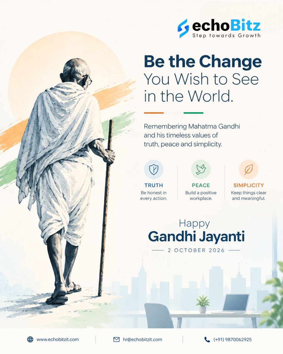 echoBitzIT's tweet photo. 🕊️ Remembering Mahatma Gandhi on Gandhi Jayanti.

His values of 𝗧𝗿𝘂𝘁𝗵, 𝗣𝗲𝗮𝗰𝗲 &amp; 𝗜𝗻𝘁𝗲𝗴𝗿𝗶𝘁𝘆 continue to inspire us to build a better tomorrow.

🇮🇳 𝗛𝗮𝗽𝗽𝘆 𝗚𝗮𝗻𝗱𝗵𝗶 𝗝𝗮𝘆𝗮𝗻𝘁𝗶!

#GandhiJayanti #Truth #Peace #Integrity #echoBitz https://t.co/HiHXNWwbnR