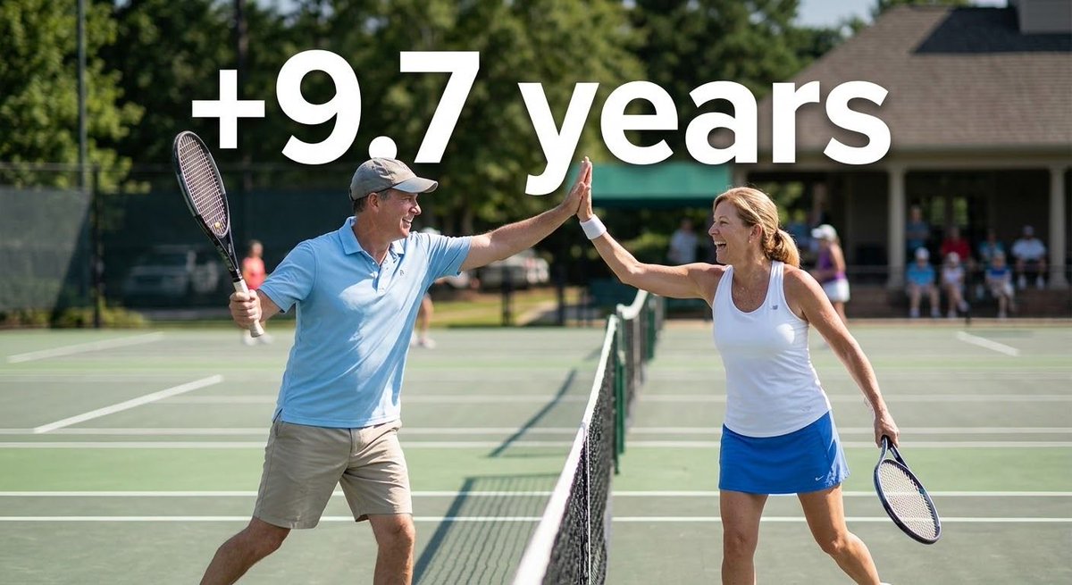 tennispartnerco's tweet photo. A 25-year study of over 8,500 people found tennis players lived 9.7 years longer than people who didn't exercise.

It's one observational study, not proof. Still a good reason to play this week.

👉 https://t.co/w0cVpcbgia https://t.co/gCCBf9ws85