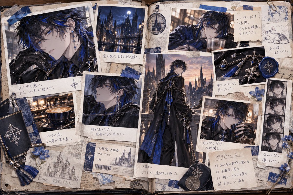 notoro_ai's tweet photo. ChatGPTで、キャラクター専用の思い出スクラップを作れる  
「RANDOM SCRAPBOOK MEMORY」  
のプロンプトを作成しました。

参照画像の人物・キャラクターらしさや画風をできるだけ維持しながら、  
日常のスナップ写真、切符、チケット、レシート、手書きメモ、シールなどを組み合わせて、  
「このキャラクターが本当に過ごした一日の思い出」のようなスクラップブックを作れます。

毎回テーマや写真、紙もの、レイアウトがランダムに変化するので、  
何気ない休日やカフェ、旅行、雨の日など、さまざまな思い出を残せます。

イラストだけでなく、実写風や3DCGの画像にも対応しています。

参照画像とプロンプトを使って、  
自分のキャラクター専用の「うちの子の思い出スクラップ」をぜひ作ってみてください。

↓プロンプトはこちらです↓