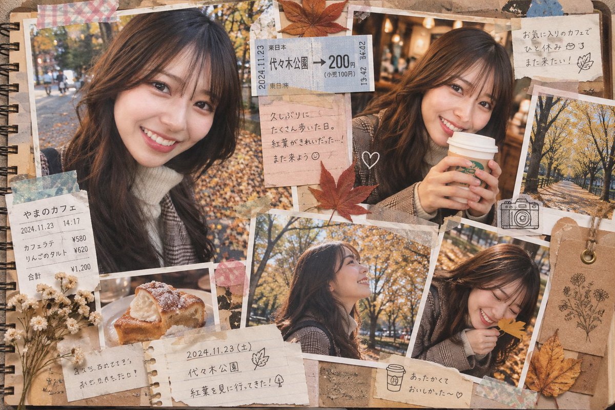 notoro_ai's tweet photo. ChatGPTで、キャラクター専用の思い出スクラップを作れる  
「RANDOM SCRAPBOOK MEMORY」  
のプロンプトを作成しました。

参照画像の人物・キャラクターらしさや画風をできるだけ維持しながら、  
日常のスナップ写真、切符、チケット、レシート、手書きメモ、シールなどを組み合わせて、  
「このキャラクターが本当に過ごした一日の思い出」のようなスクラップブックを作れます。

毎回テーマや写真、紙もの、レイアウトがランダムに変化するので、  
何気ない休日やカフェ、旅行、雨の日など、さまざまな思い出を残せます。

イラストだけでなく、実写風や3DCGの画像にも対応しています。

参照画像とプロンプトを使って、  
自分のキャラクター専用の「うちの子の思い出スクラップ」をぜひ作ってみてください。

↓プロンプトはこちらです↓