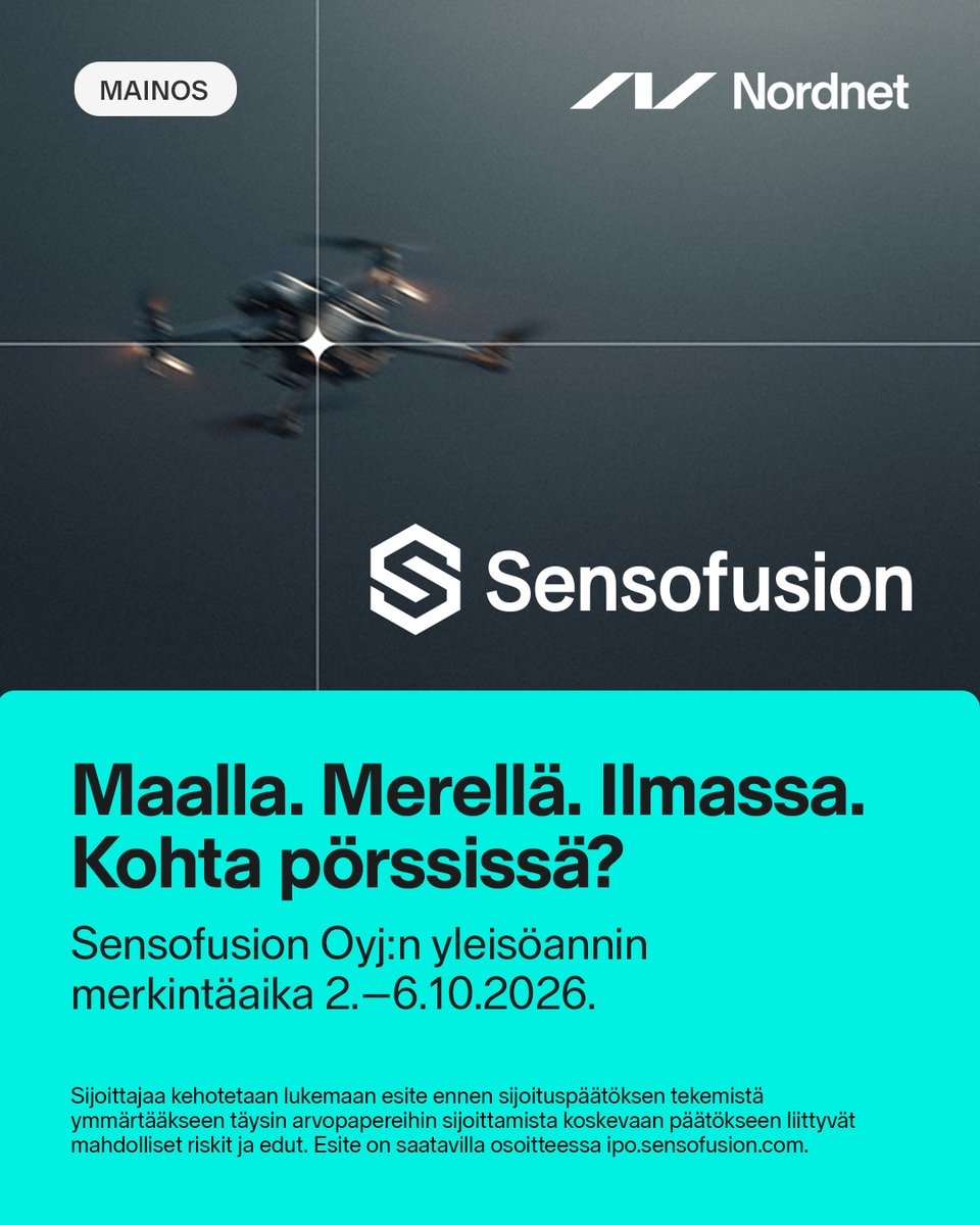 nordnetFI's tweet photo. Mainos: @sensofusion 
Sensofusion Oyj on suomalainen, kansainvälisesti toimiva droonien tunnistus- ja torjuntayhtiö, joka suunnittelee, kehittää ja myy ohjelmistovetoisia ratkaisuja tavoitteenaan suojata ihmisiä autonomisilta aseilta.

Lisätietoa: https://t.co/ZSupqBeHXP https://t.co/LKuRY3o0a4