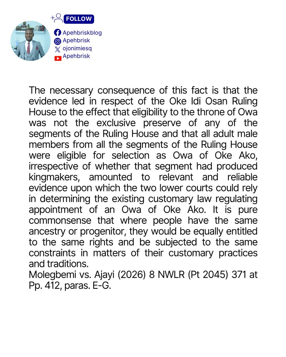 Apehbrisk's tweet photo. #ApehBrisk #NigerianLaw #LegalUpdate #LawInNigeria #CustomaryLaw #CustomaryRights #TraditionalRulers #Chieftaincy #RulingHouse #NigerianLawyers #LegalPractitioner #LegalTips #NigerianLegalSystem #Justice #Litigation #SupremeCourtNigeria #LawyerNigeria #MolegbemiVAjayi https://t.co/E5rDrY84dV